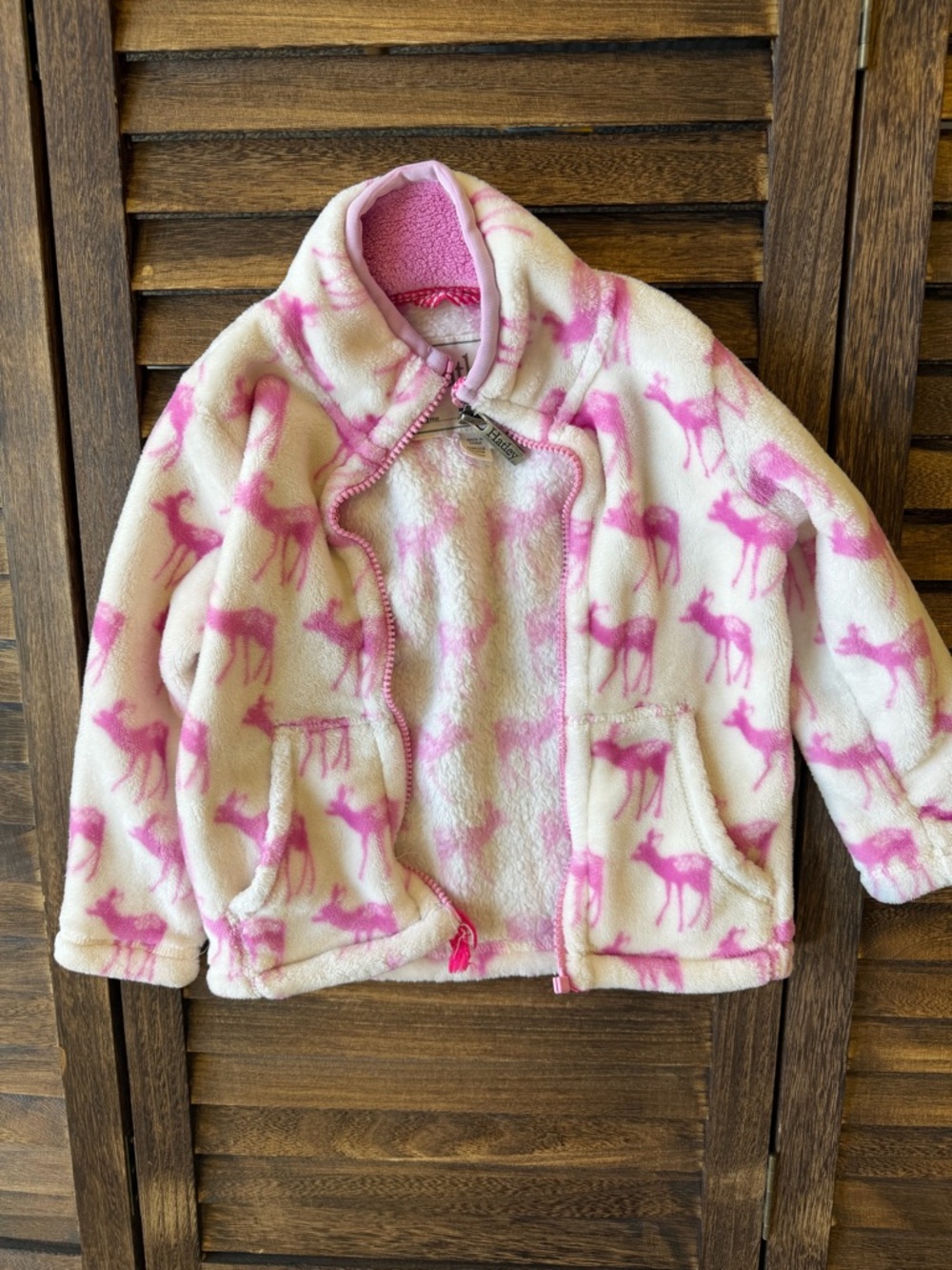 Hatley Pink and White Cozy Fleece Zip-Up Jacket with Deer Print Girls Size 2 2T